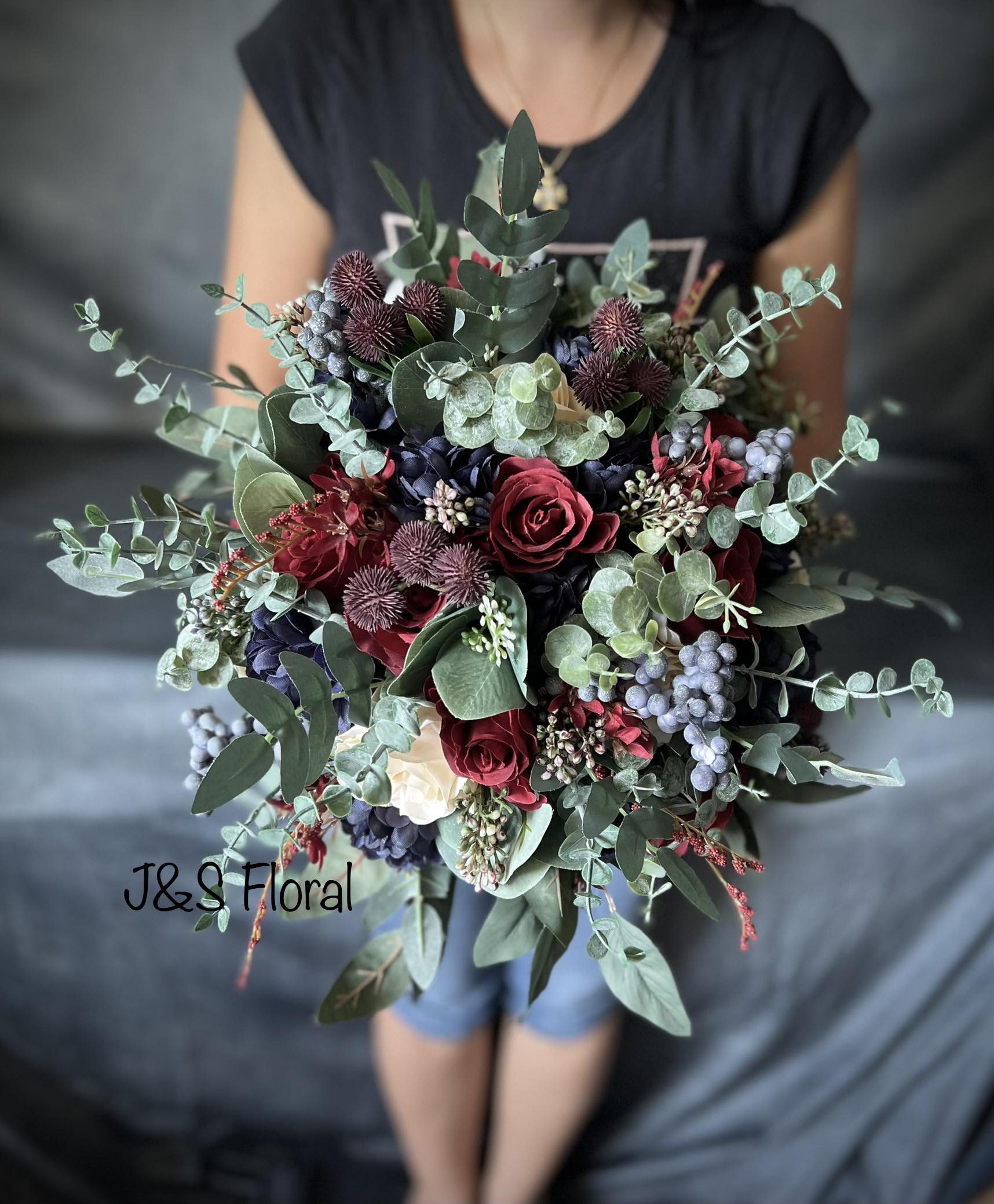 Burgundy and blush bridal bouquet with roses Romantic eucalyptus