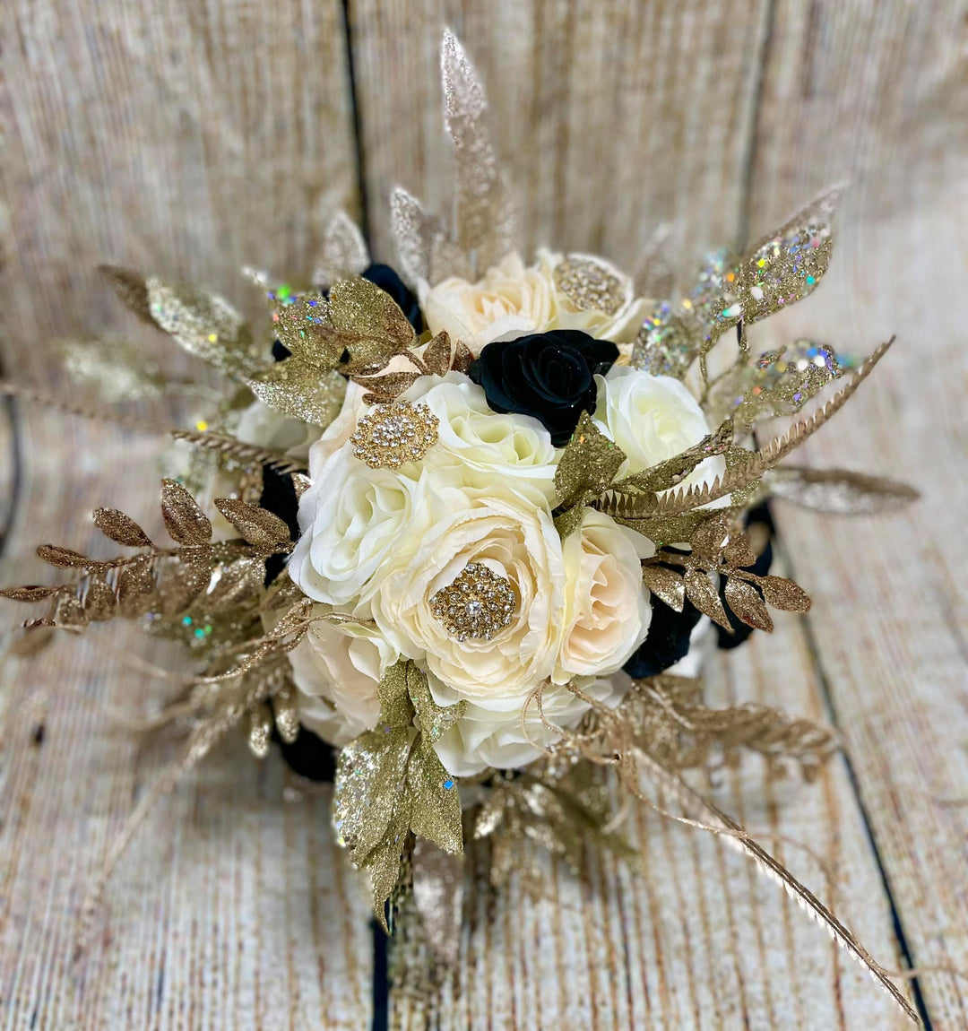 Gold, Ivory and Black Bridal Bouquet • Great Gatsby Flower Bouquet, Gold, ivory authentic and black paper flower bouquet, Quinceanera Flower Bouquet