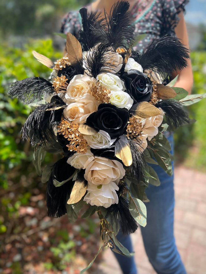 Cascade Bouquet popular Ivory and Gold Roses