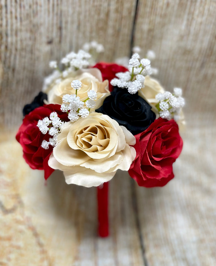 Black Red Rose Bride's Bouquet Groom's Boutonniers Toss Bouquet Bridal Package Wedding store Your Colors FREE SHIPPING