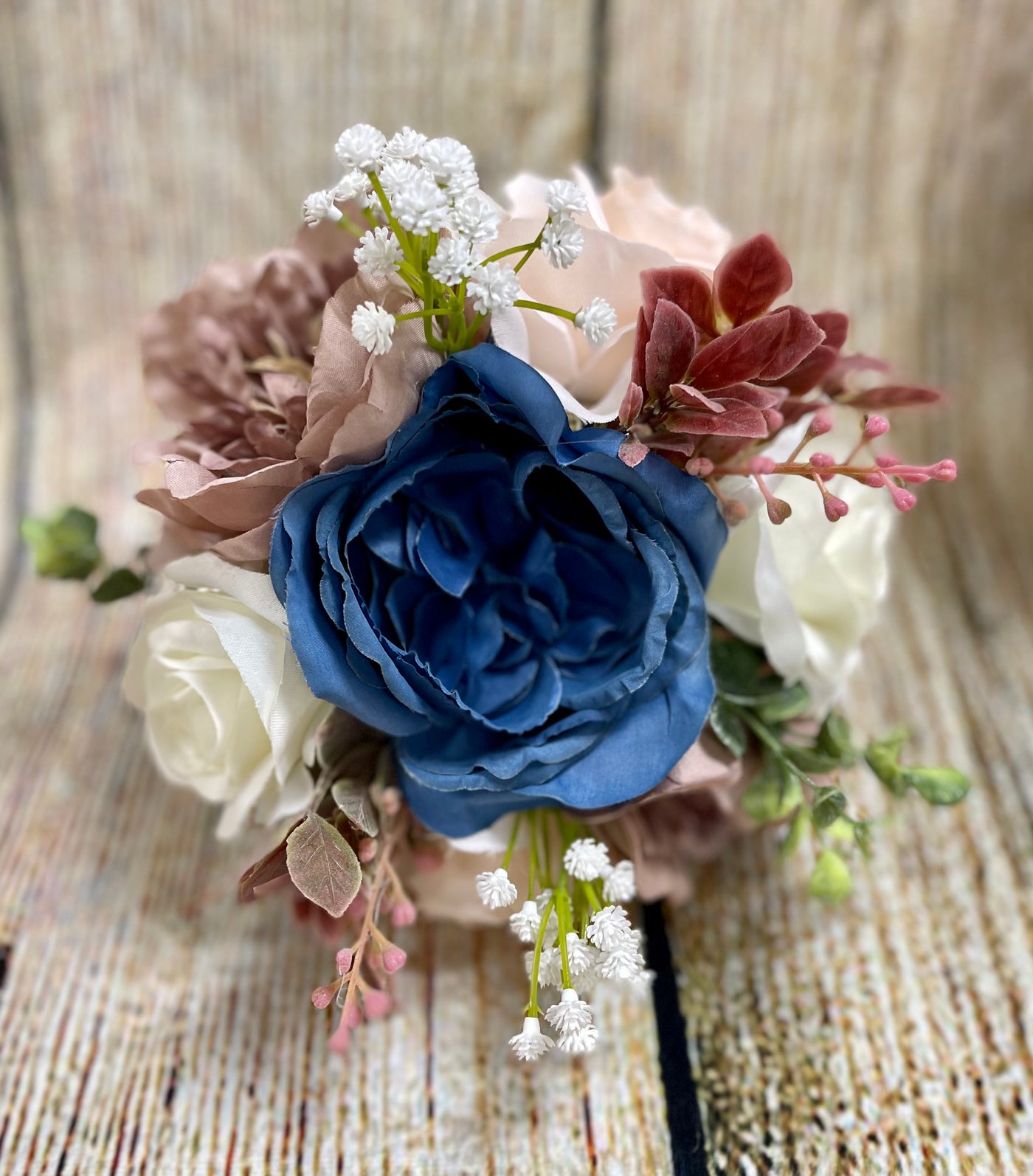 Navy Blue Wedding Bouquet, Navy Blue Baby's Breath Boutonnieres